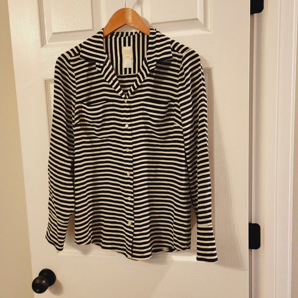 J.Crew 100% Silk  Navy & Cream Striped Button Down Top Size 4 - Picture 9 of 14